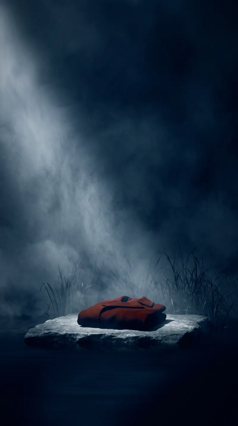 A red coat folded on a flat stone at the edge of a black lake in the fog