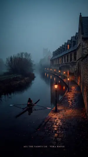 A lone rower on a misty river at dawn beside lamplit college buildings