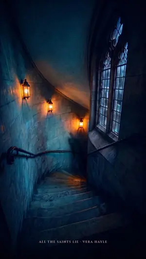 A winding stone staircase lit by iron lanterns beside a tall leaded window