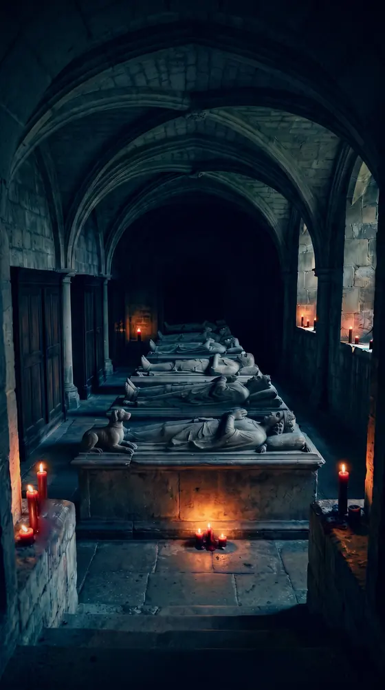Stone tomb effigies in a candlelit vaulted crypt